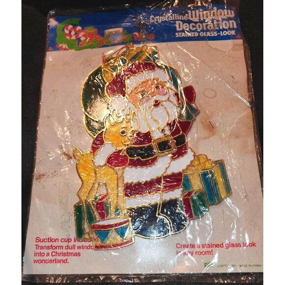 Vintage Xmas Window Decoration Stained Glass Look Santa & Reindeer - Picture 1 of 5